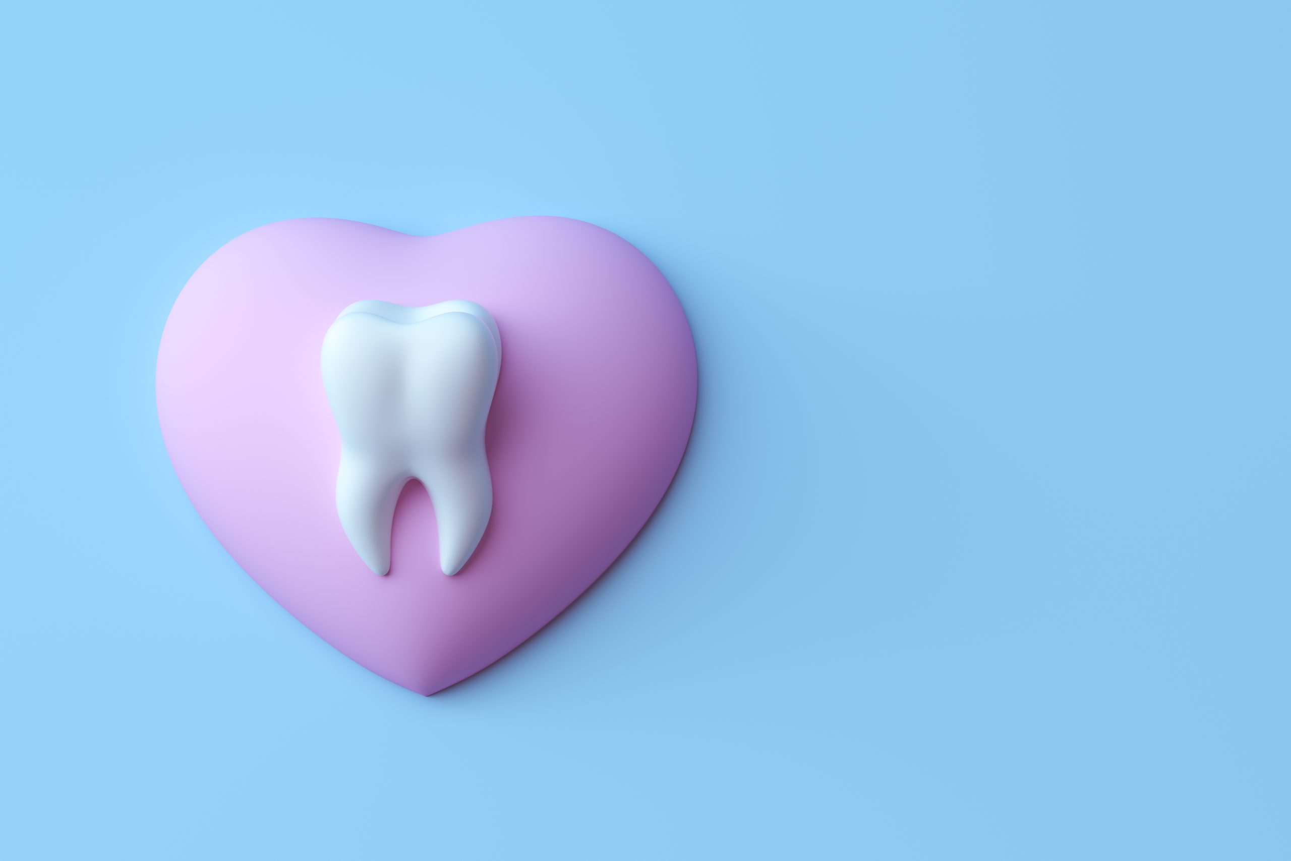 Teeth with heart. Concept Dental care cleaning bacterial plaque on a blue pastel background. Minimal flat lay. 3d render